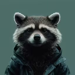 a raccoon wearing a jacket and looking away from the camera
