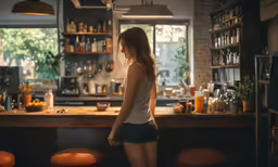 the back of a girl in a short shirt is standing at the bar
