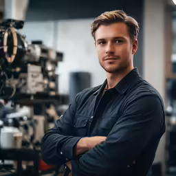 man in a factory near a large film camera
