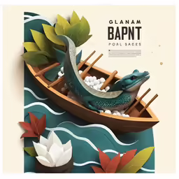 there is a paper craft design of a boat with an animal in it
