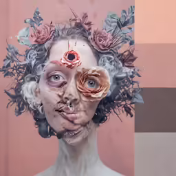 altered photograph of an altered lady with flowers and a rose on her face