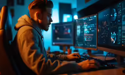 man sitting in front of two monitors looking at screen