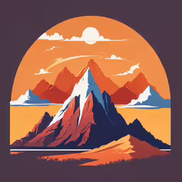 a digital painting of a mountain in an orange and blue sky,a mountain range with a sun setting in the background