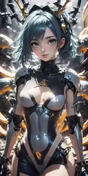 a woman with dark hair wearing armor