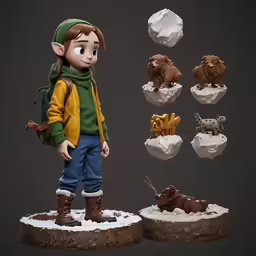 a clay figure is in the snow with many rocks