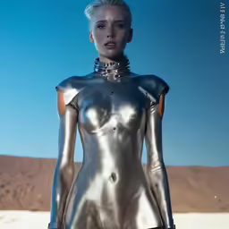 this is a silver 3d rendering of a woman with metal body and gloves