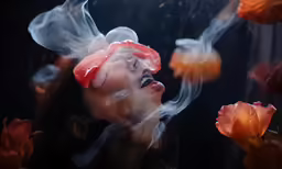 a woman is being photographed by the camera while smoke surrounds her