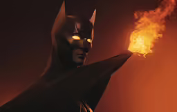 a batman with yellow eyes holding onto a cigarette