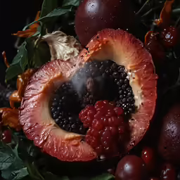 a blackberries peach and other fruit have steam from it
