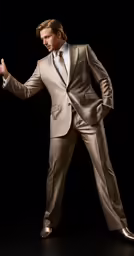 the young man in a tan suit poses for a photograph