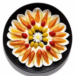 a plate with slices of fruit and fruits arranged in a flower