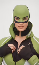 woman in green and black costume with a mask