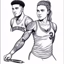 a man and woman with tattoos on their arms,drawing of a female basketball player next to a man,a couple is in the image together and one has a pen on it,two different images of a man and woman with tattoos,a drawing of two people with tattoos on
