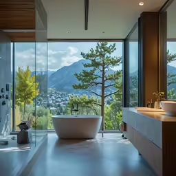 large open bathroom with mountain view, white tub, wood furniture and windows