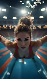 a woman swimming underwater at a swimming pool