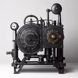 a clock made out of metal pipes and gauges