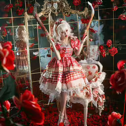 a doll posed on a flower arrangement, with flowers and roses around her,an image of a beautiful blonde doll with roses