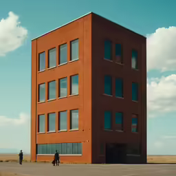two people are standing outside of an orange building