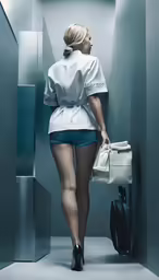 a woman with short shorts, a white shirt and black shoes