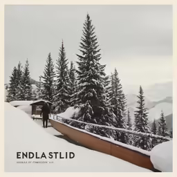 an advertisement of a man standing on the top of a snow covered hillside