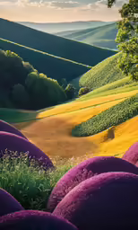 a field with purple mounds and some trees