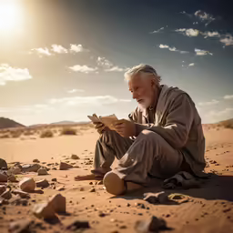 a man sitting in the middle of the desert reading a book