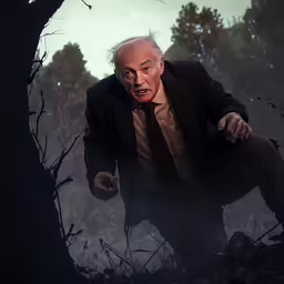 an old man in a dark forest with a knife