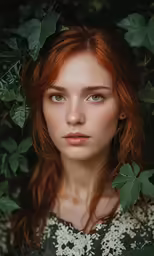 an redheaded woman with long hair standing among green foliage