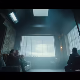 two people sitting in a living room watching television