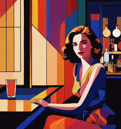 a woman sits at a bar with an orange juice and a glass in her hand,a woman sitting next to a colorful table holding a glass