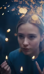 a woman with candles blowing out of her hands