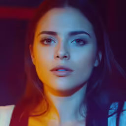 a woman is posing with blue eyes in an artistic lighting