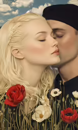 the painting shows two people kissing, with flowers growing in the foreground
