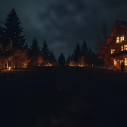 a silhouette of a man in the dark standing by a big house
