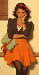 a woman standing wearing an orange skirt and coat