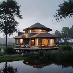 a building with water and grass in front of it