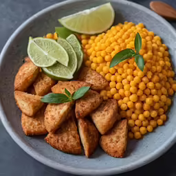 corn, lime and crackers with two wedges on the side