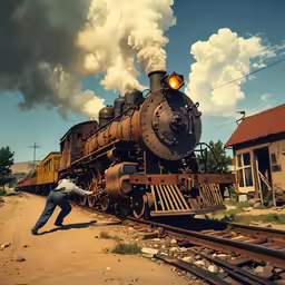 the train on the tracks is going by in the evening