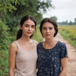 two young girls posing for a photo on a dirt path