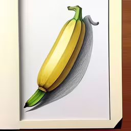 a drawing of a yellow banana with green stem,the drawing shows an image of a banana on white paper,a banana is on display in the white frame,a picture in a white frame is displaying a ripe banana on the stem,a banana with green edges is displayed in a frame