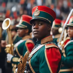 a female band member, dressed in green uniform