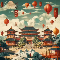 the painting shows a landscape with large oriental lanterns