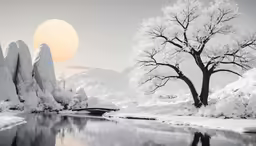 the landscape shows some snowy mountains, a river and a tree