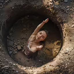 a woman is standing in a muddy hole