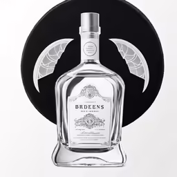 a glass bottle on display with a black hat in the background