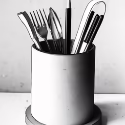 a cup with silverware and forks in it