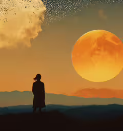 there is a woman standing in front of the large moon,a girl stands on a hill, looking at the sun