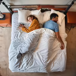 a couple in bed having some fun lying back on them