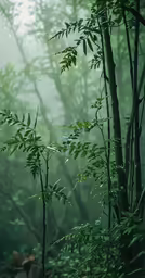 a foggy forest with some tree branches in the foreground