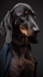 a black dog is wearing a jacket with a collar